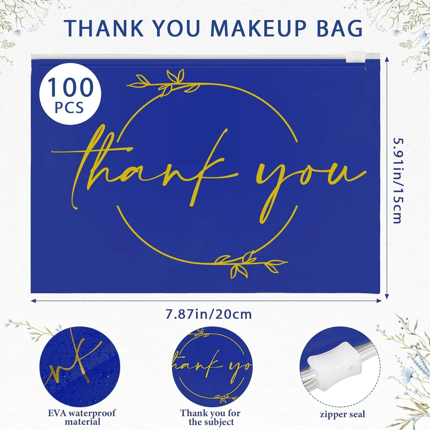 Ireer 100 Pcs Thank You Gift Makeup Bags EVA Clear Cosmetic Bag with Zipper Mini Makeup Thank You Toiletry Cosmetics Bulk Gifts for Women Birthday Daughter Sister(Blue, Gold)