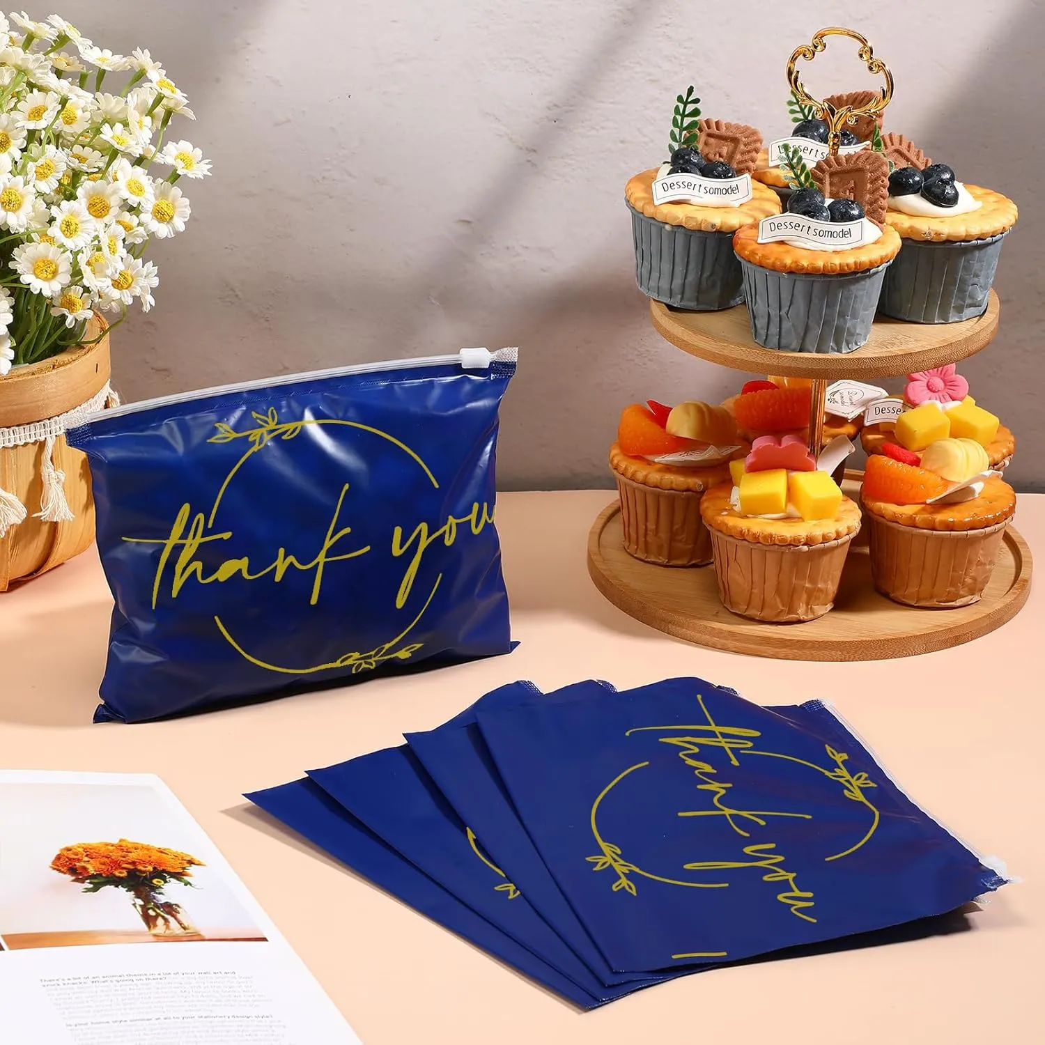 Ireer 100 Pcs Thank You Gift Makeup Bags EVA Clear Cosmetic Bag with Zipper Mini Makeup Thank You Toiletry Cosmetics Bulk Gifts for Women Birthday Daughter Sister(Blue, Gold)