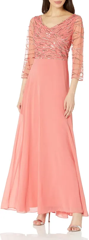 J Kara Women's 3/4 Sleeve Beaded Bodice Pop Over Long Dress