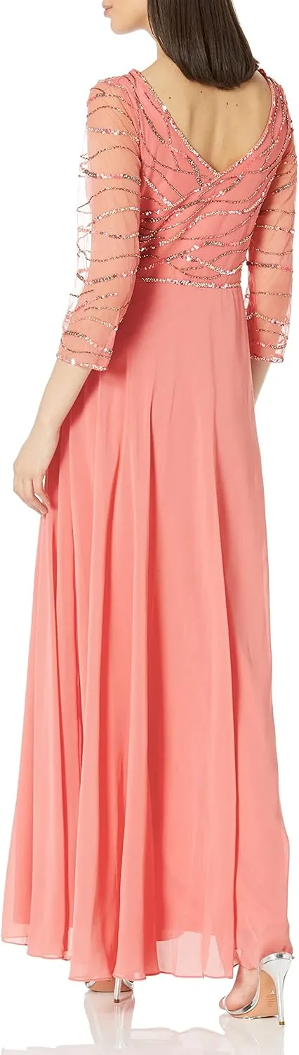 J Kara Women's 3/4 Sleeve Beaded Bodice Pop Over Long Dress