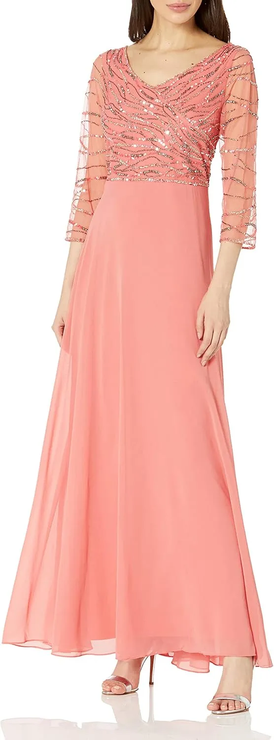 J Kara Women's 3/4 Sleeve Beaded Bodice Pop Over Long Dress