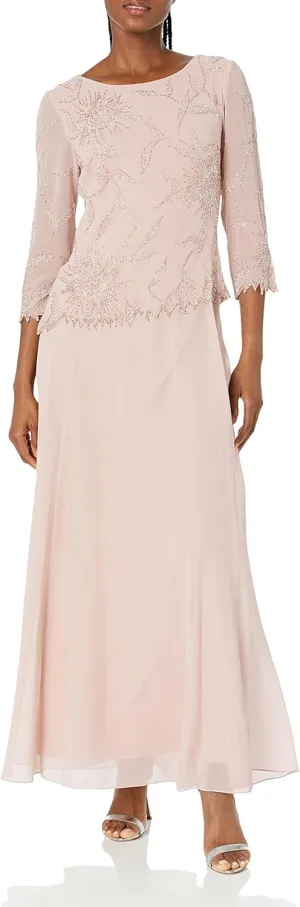 J Kara Women's 3/4 Sleeve Beaded Mock 2 Piece Dress