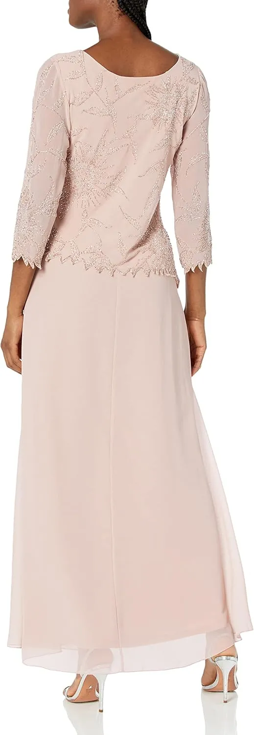 J Kara Women's 3/4 Sleeve Beaded Mock 2 Piece Dress