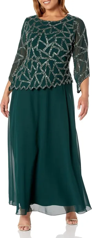 J Kara Women's 3/4 Sleeve Geo Design Long Beaded Gown