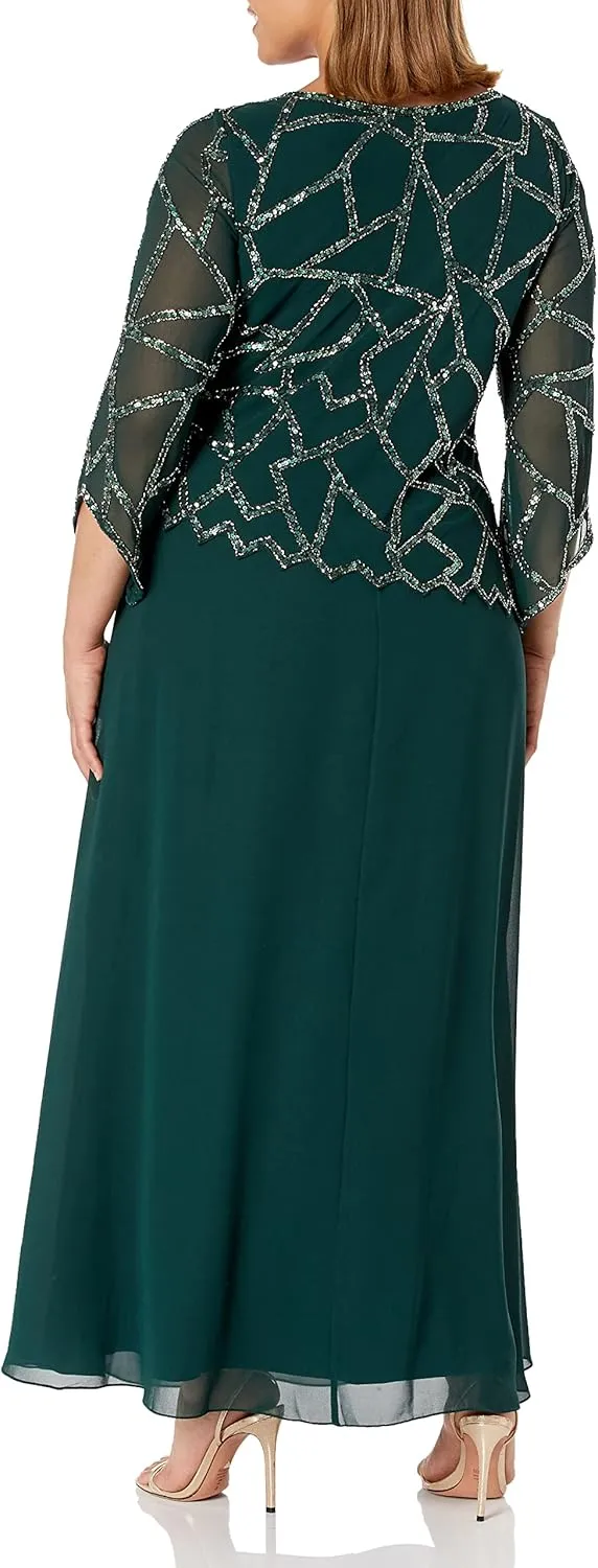 J Kara Women's 3/4 Sleeve Geo Design Long Beaded Gown