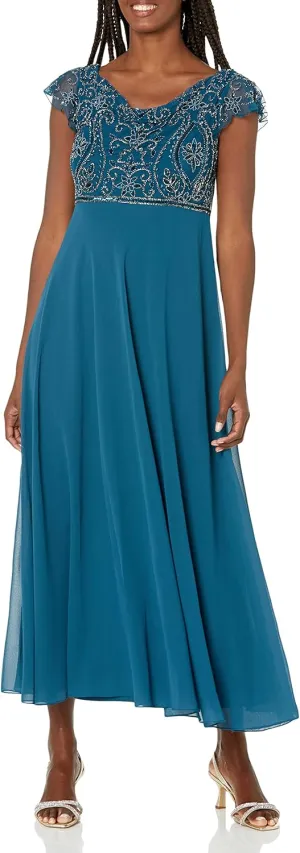 J Kara Women's Back and Front Cowlneck Beaded Short Sleeve Gown