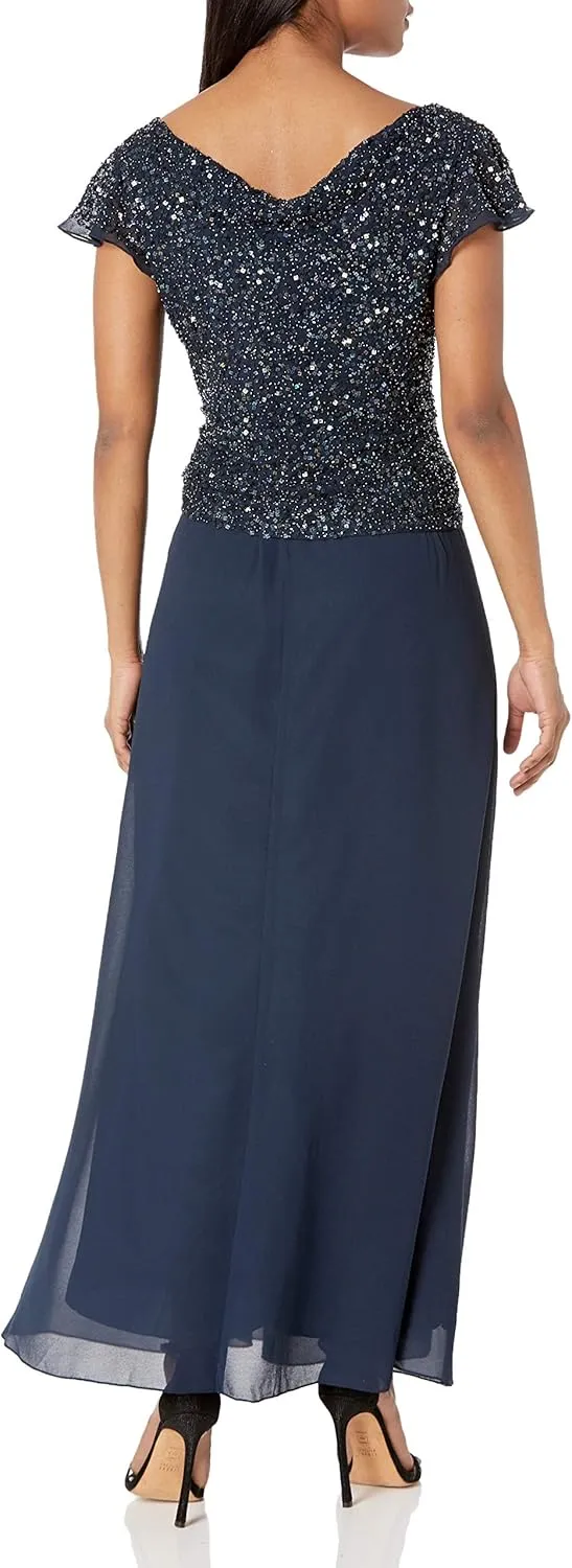 J Kara Women's Beaded Cowl Neck Flutter Sleeve Long Dress