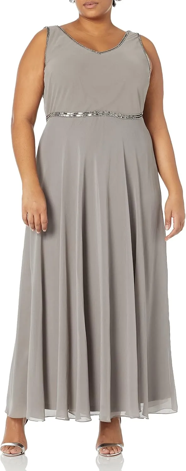 J Kara Women's Petite 2 Piece Set Metallic Beaded Long Jacket Dress