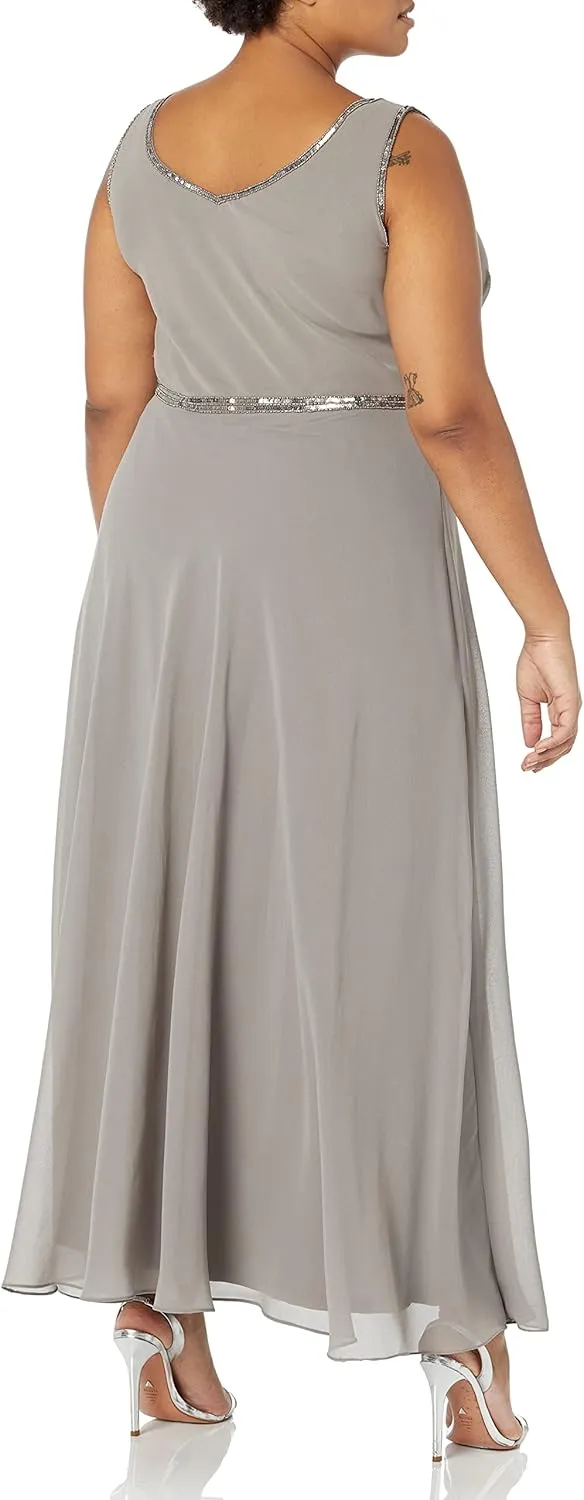 J Kara Women's Petite 2 Piece Set Metallic Beaded Long Jacket Dress