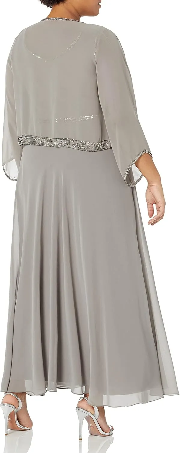 J Kara Women's Petite 2 Piece Set Metallic Beaded Long Jacket Dress