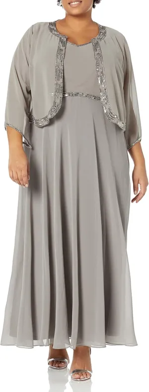 J Kara Women's Petite 2 Piece Set Metallic Beaded Long Jacket Dress