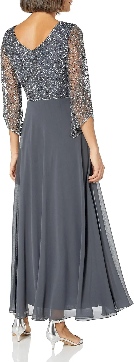 J Kara Women's Petite 3/4 Sleeve V-Neck Embellished Top Long Dress