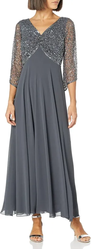 J Kara Women's Petite 3/4 Sleeve V-Neck Embellished Top Long Dress