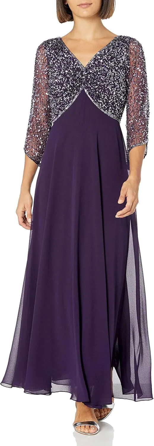 J Kara Women's Petite 3/4 Sleeve V-Neck Embellished Top Long Dress