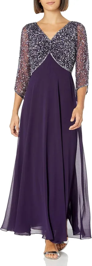 J Kara Women's Petite 3/4 Sleeve V-Neck Embellished Top Long Dress