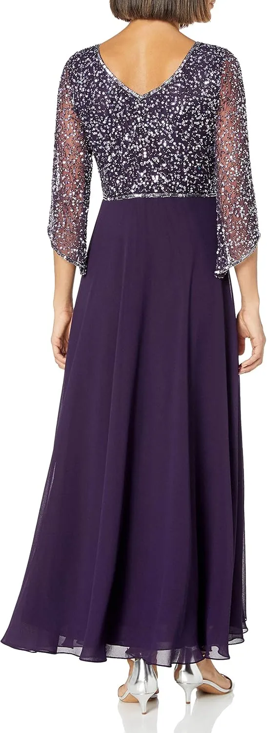 J Kara Women's Petite 3/4 Sleeve V-Neck Embellished Top Long Dress