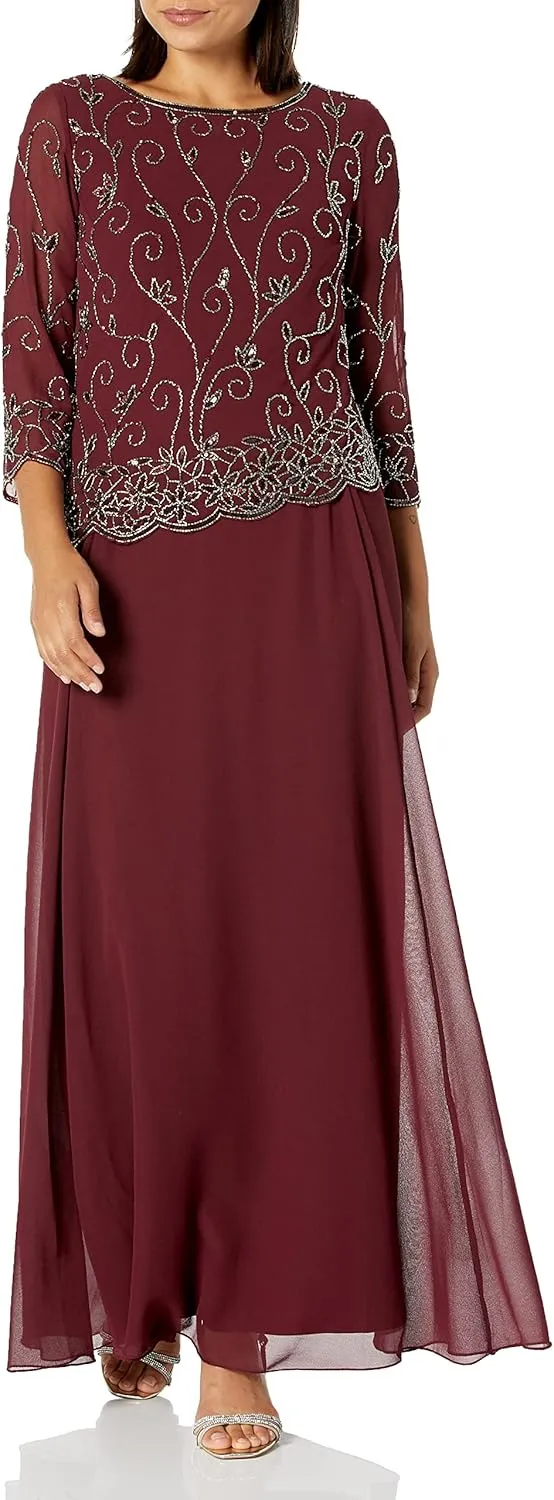 J Kara Women's Petite Beaded Scallop Bodice Asymmetrical Gown