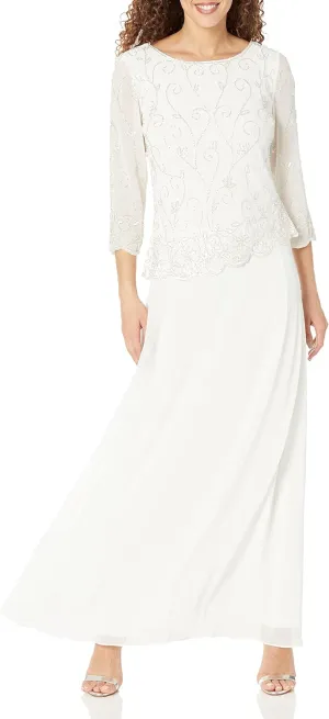 J Kara Women's Petite Beaded Scallop Bodice Asymmetrical Gown
