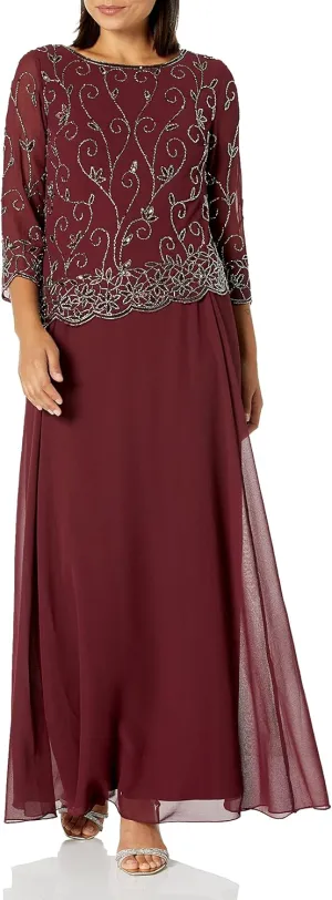 J Kara Women's Petite Beaded Scallop Bodice Asymmetrical Gown