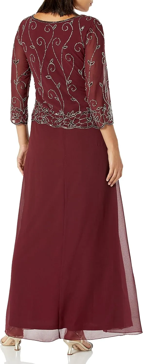 J Kara Women's Petite Beaded Scallop Bodice Asymmetrical Gown