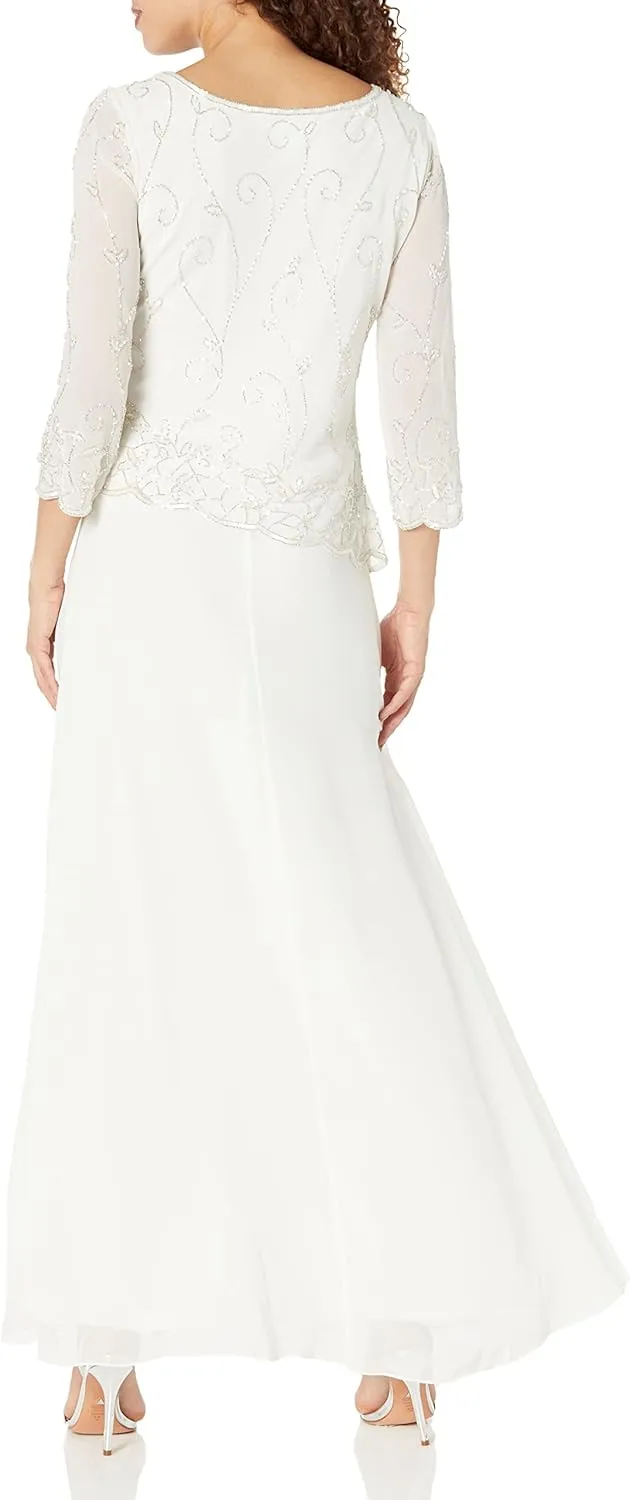 J Kara Women's Petite Beaded Scallop Bodice Asymmetrical Gown