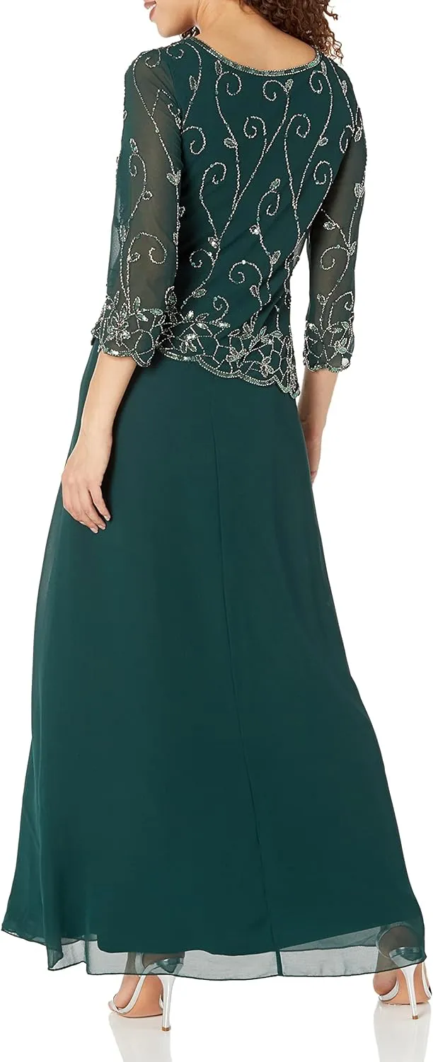 J Kara Women's Petite Beaded Scallop Bodice Asymmetrical Gown