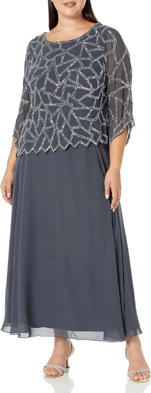 J Kara Women's Scallop Asymetrical Hem 3/4 Sleeve Beaded Mock 2 Piece Long Dress