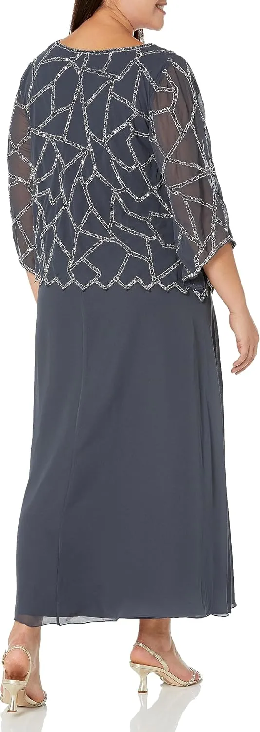 J Kara Women's Scallop Asymetrical Hem 3/4 Sleeve Beaded Mock 2 Piece Long Dress