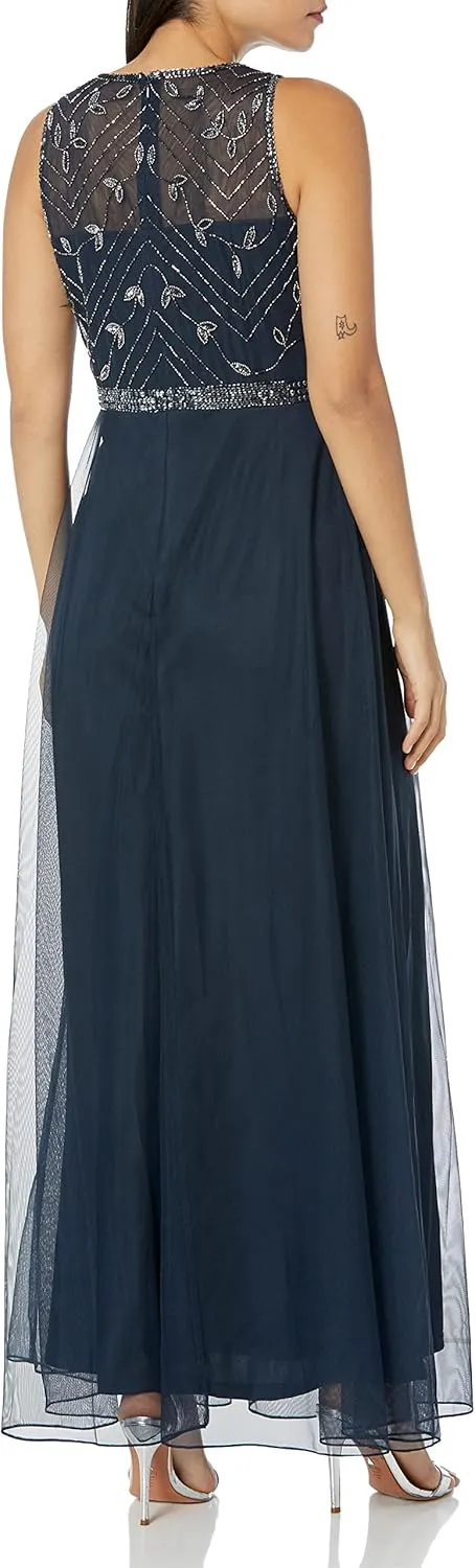 J Kara Women's Sleeveless Illusion Neck Floral Beaded Long Fit and Flare Dress