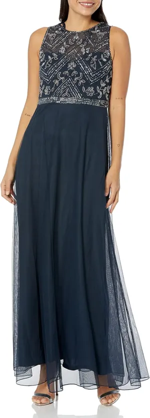 J Kara Women's Sleeveless Illusion Neck Floral Beaded Long Fit and Flare Dress