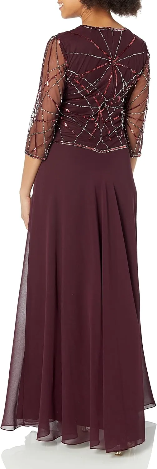 J Kara Women's V Neck 3/4 Sleeve Mock Sequin Beaded Wrap Long Gown