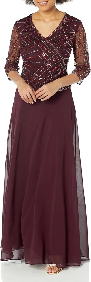 J Kara Women's V Neck 3/4 Sleeve Mock Sequin Beaded Wrap Long Gown