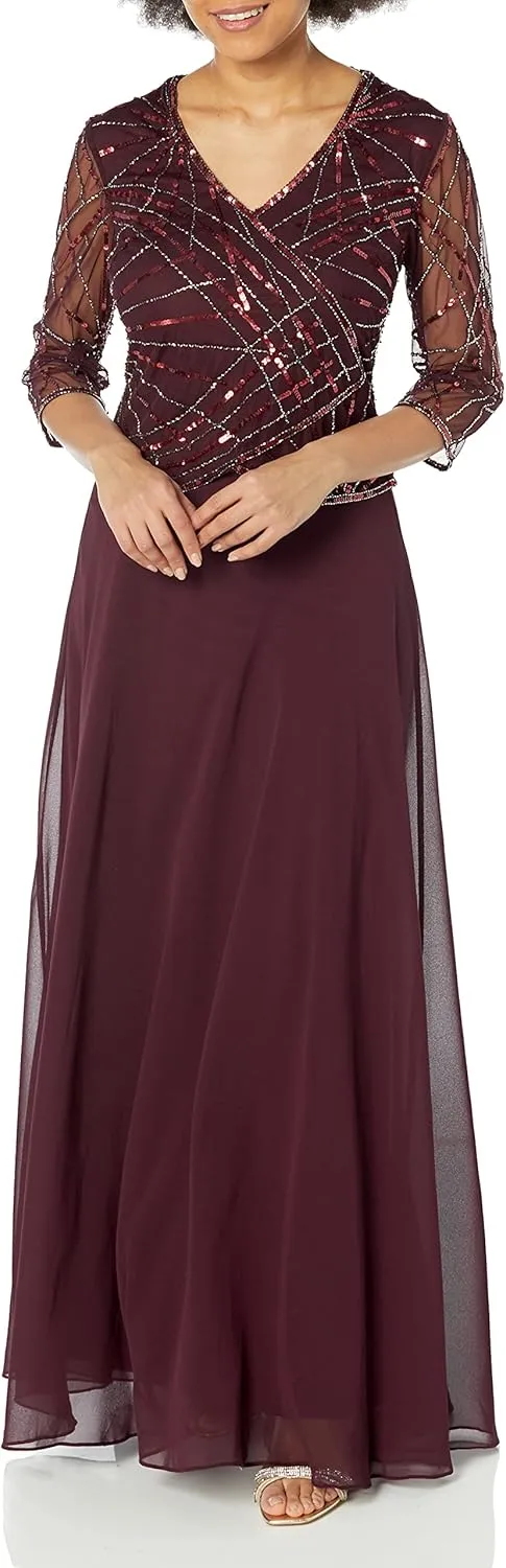 J Kara Women's V Neck 3/4 Sleeve Mock Sequin Beaded Wrap Long Gown
