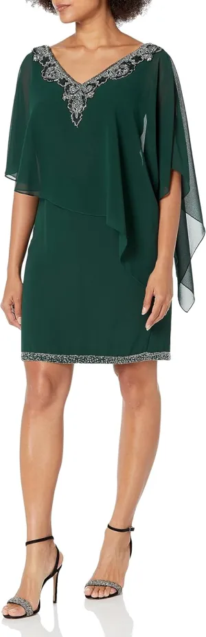 J Kara Women's V Neck Capelet Short Cocktail Floral Beaded Dress