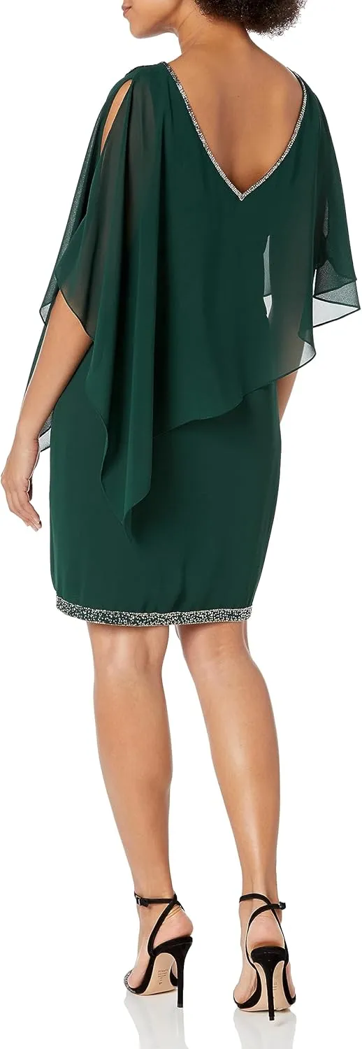 J Kara Women's V Neck Capelet Short Cocktail Floral Beaded Dress