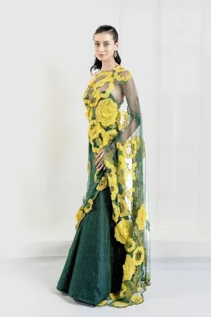 Jade Verdant Applique Lehenga Sari with Discoid Micro Bustier