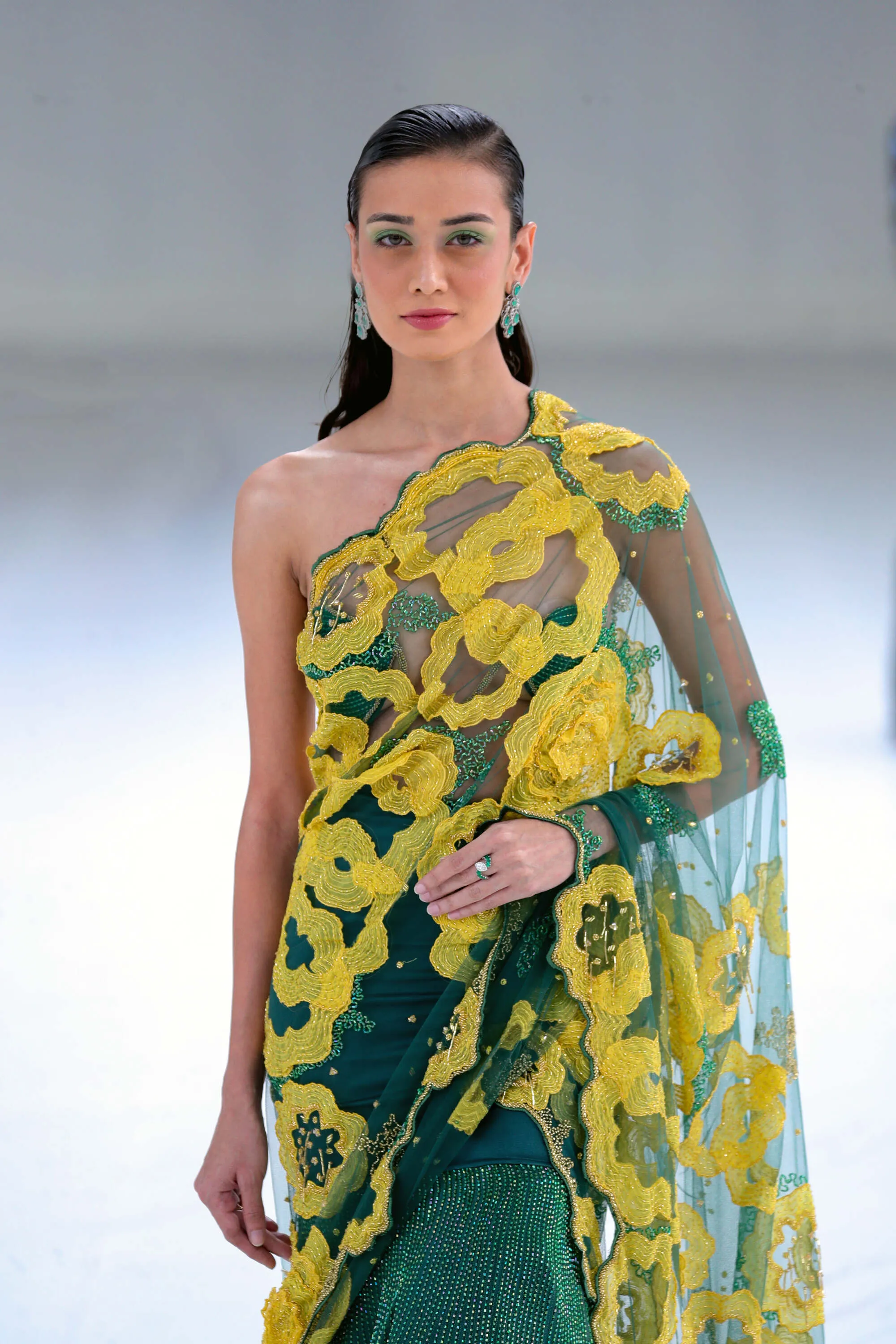 Jade Verdant Applique Lehenga Sari with Discoid Micro Bustier