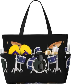 Jazz Drumprint Large Capacity Beach Travel Bag,With Zipper And Pockets For Travel Vacation Gym