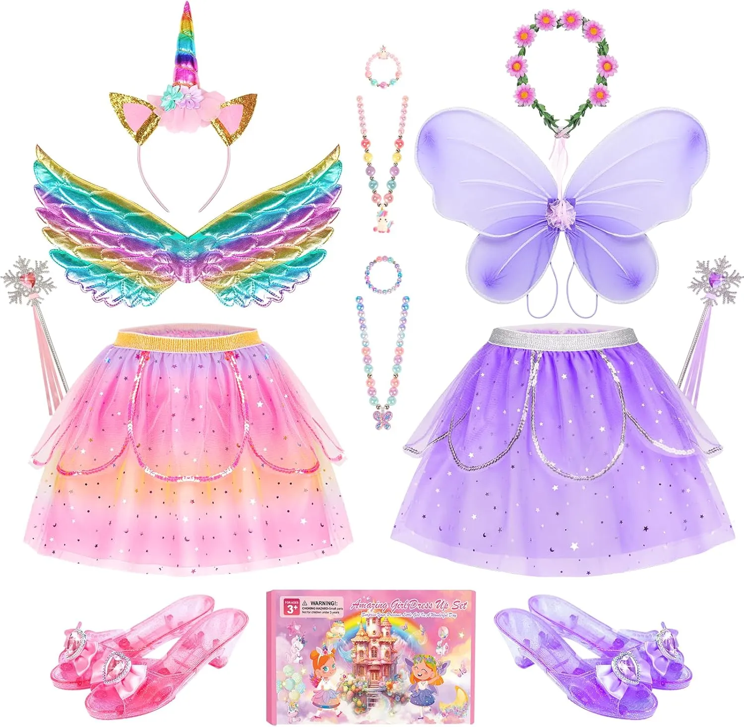 Jeowoqao Kids Princess Dress Up Clothes, Toddler Girls Dressup Pretend Play Costumes, Tutu Skirt, Butterfly Wings, Princess Shoes Toys for Ages 3 4 5 6