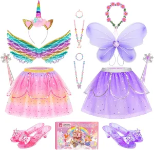 Jeowoqao Kids Princess Dress Up Clothes, Toddler Girls Dressup Pretend Play Costumes, Tutu Skirt, Butterfly Wings, Princess Shoes Toys for Ages 3 4 5 6