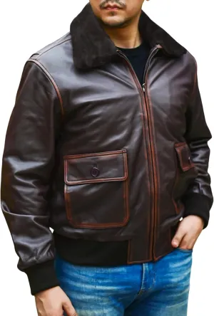 Jild Navy G-1 Real Leather Bomber Jacket Men with Removable Fur Collar - Vintage Flight Aviator Leather Jacket Men