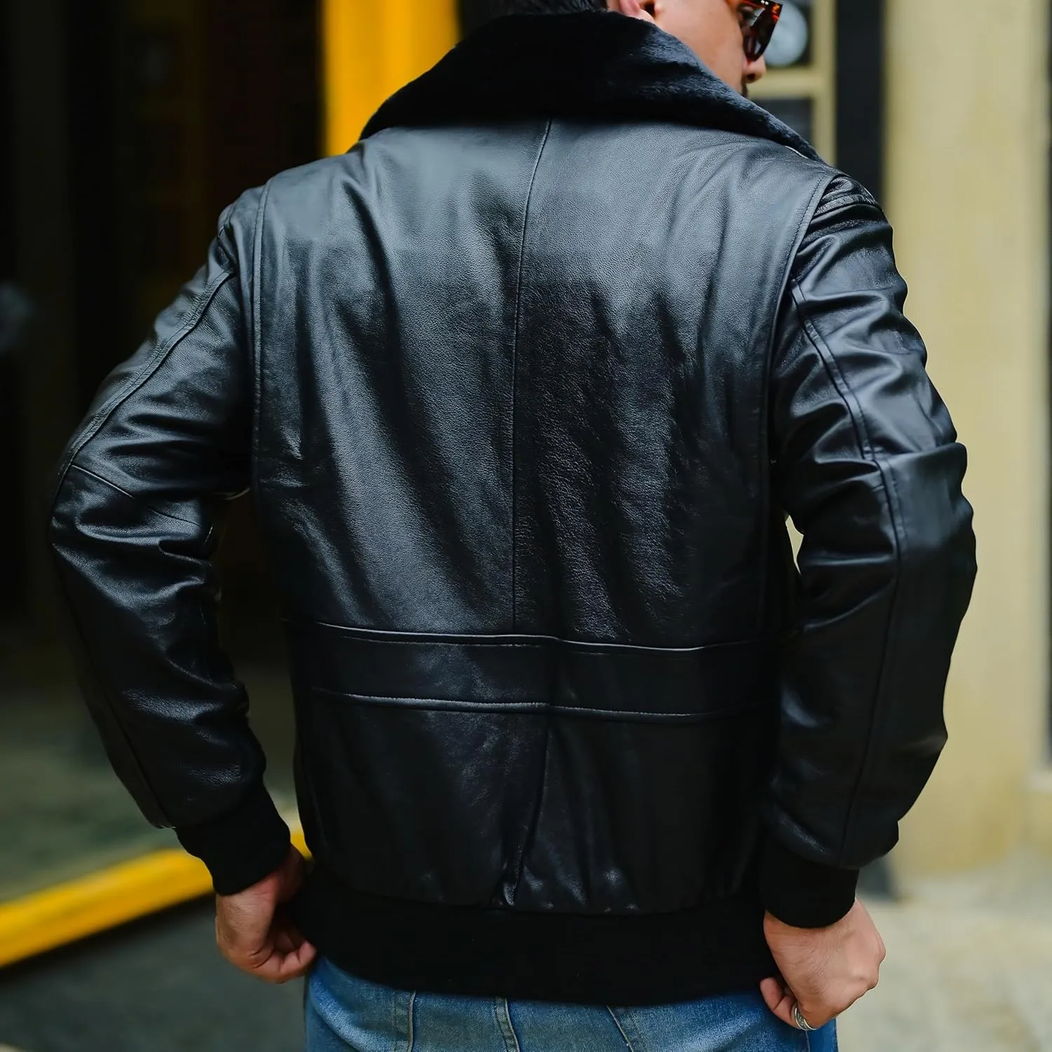 Jild Navy G-1 Real Leather Bomber Jacket Men with Removable Fur Collar - Vintage Flight Aviator Leather Jacket Men