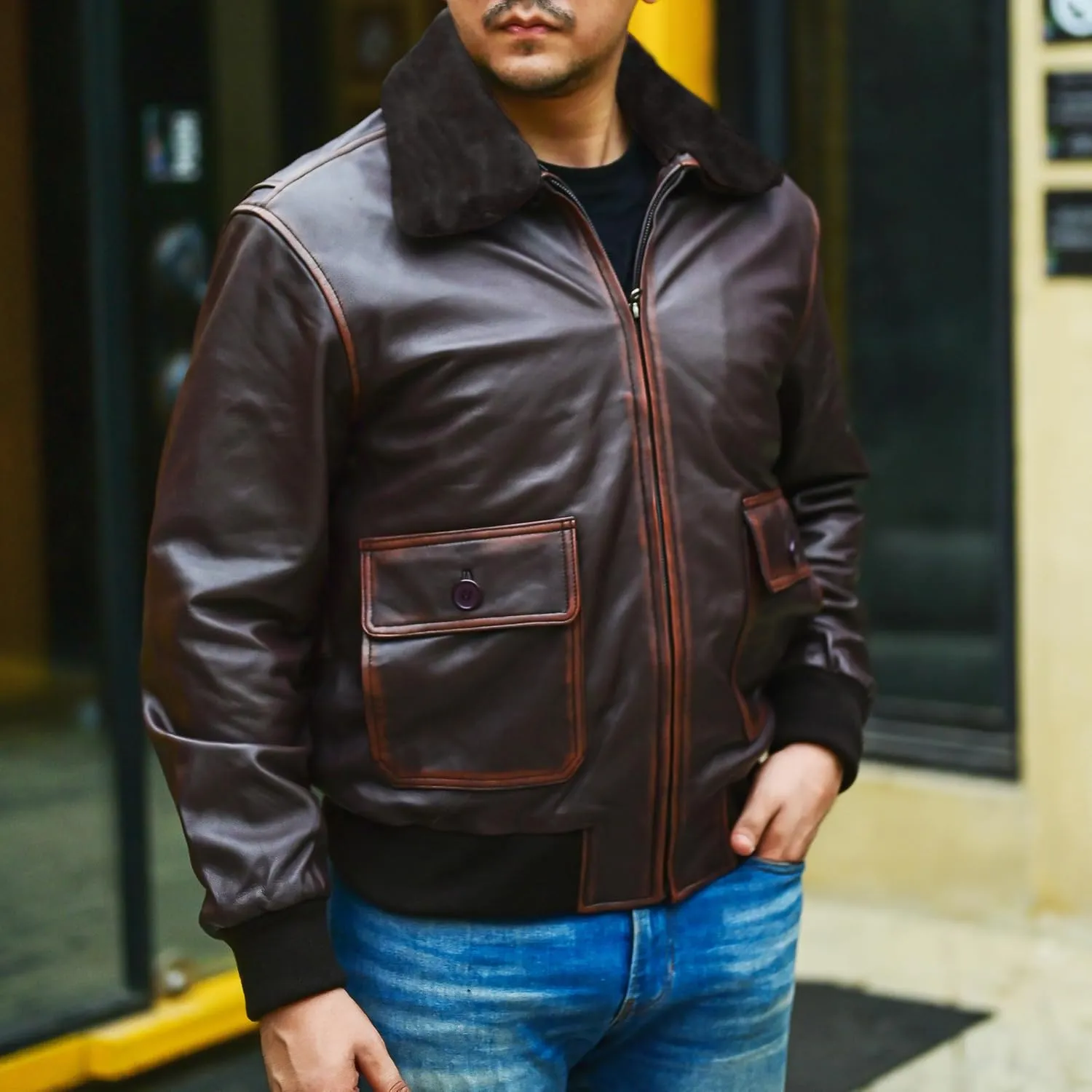 Jild Navy G-1 Real Leather Bomber Jacket Men with Removable Fur Collar - Vintage Flight Aviator Leather Jacket Men