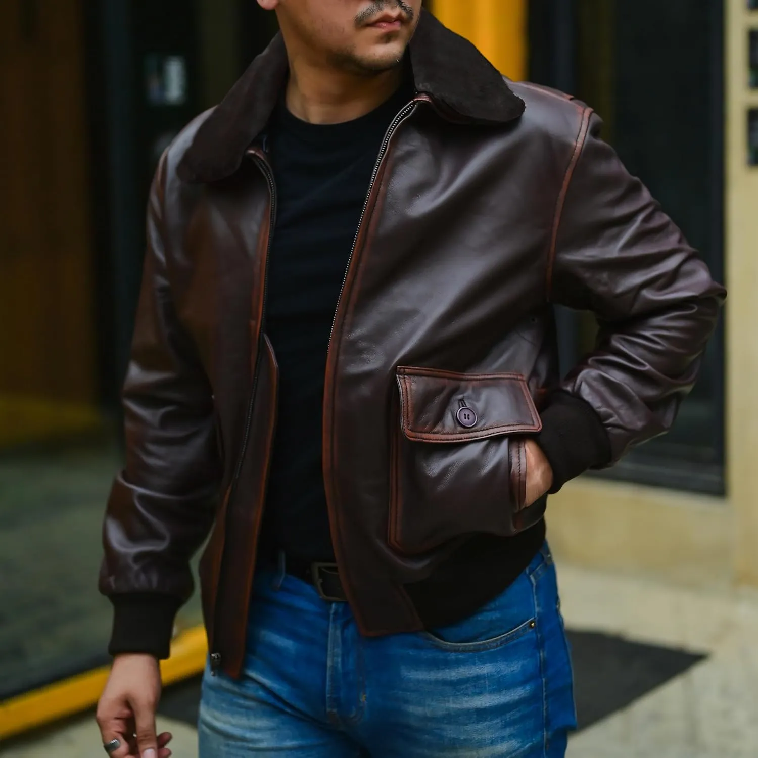 Jild Navy G-1 Real Leather Bomber Jacket Men with Removable Fur Collar - Vintage Flight Aviator Leather Jacket Men