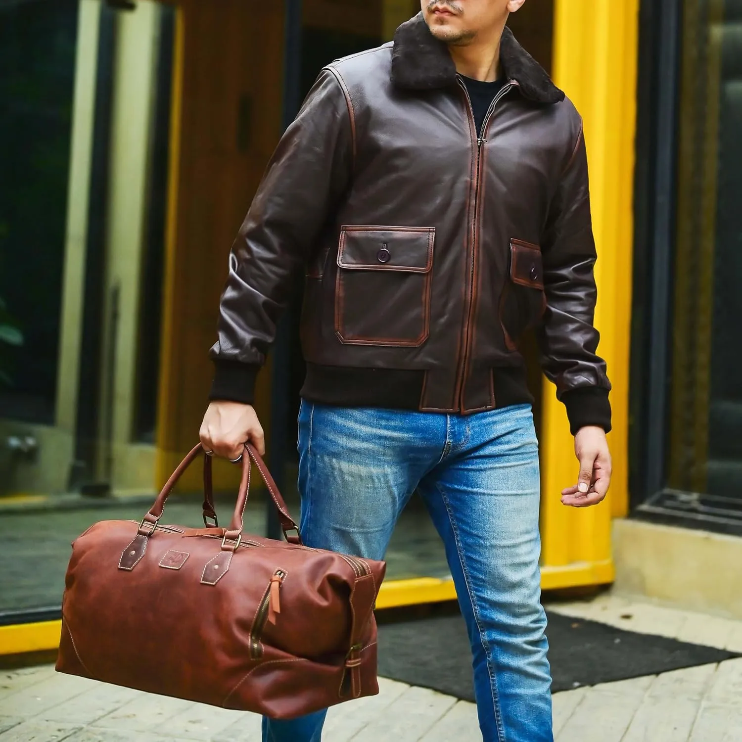 Jild Navy G-1 Real Leather Bomber Jacket Men with Removable Fur Collar - Vintage Flight Aviator Leather Jacket Men