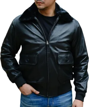 Jild Navy G-1 Real Leather Bomber Jacket Men with Removable Fur Collar - Vintage Flight Aviator Leather Jacket Men