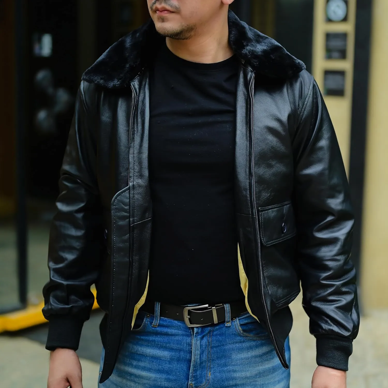 Jild Navy G-1 Real Leather Bomber Jacket Men with Removable Fur Collar - Vintage Flight Aviator Leather Jacket Men
