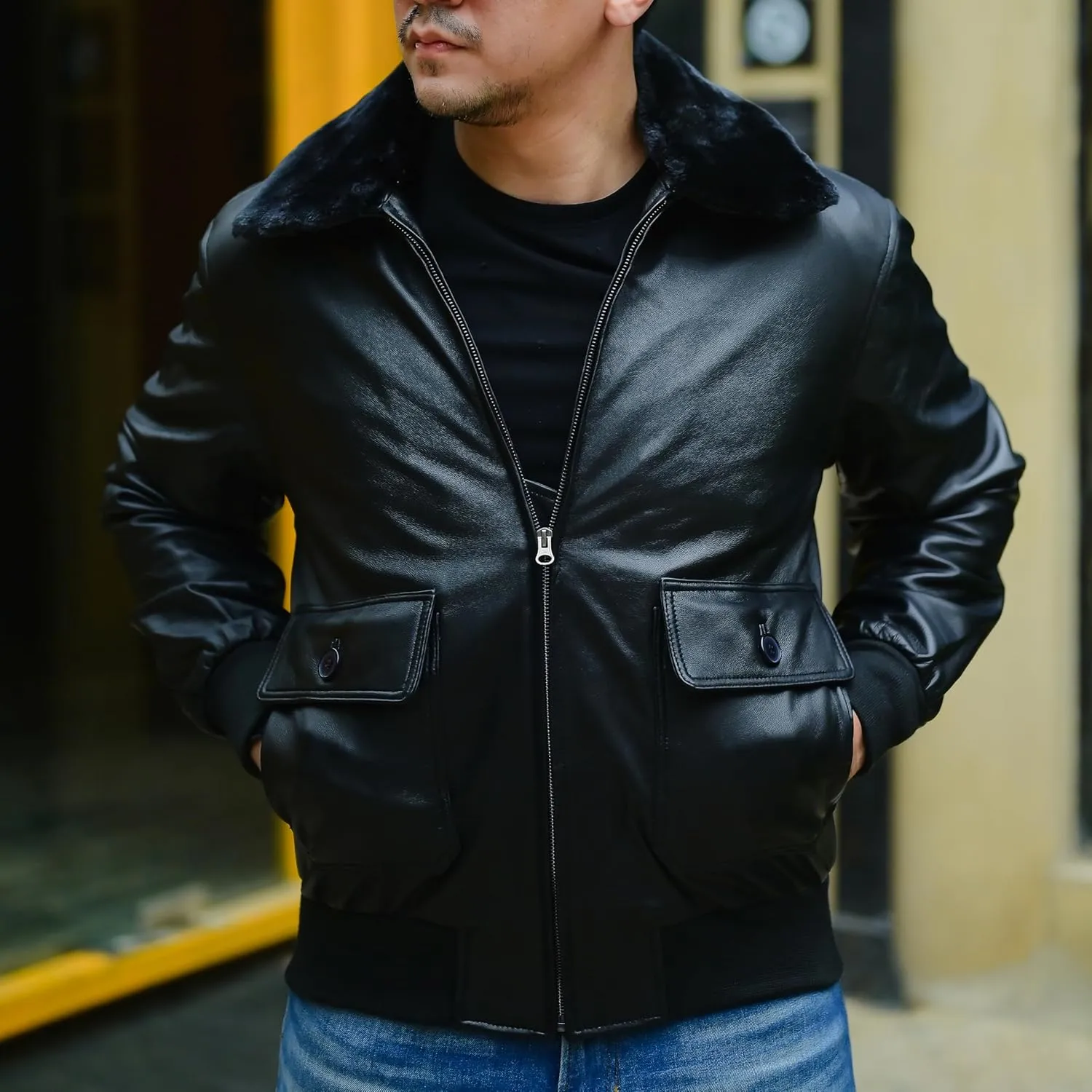 Jild Navy G-1 Real Leather Bomber Jacket Men with Removable Fur Collar - Vintage Flight Aviator Leather Jacket Men