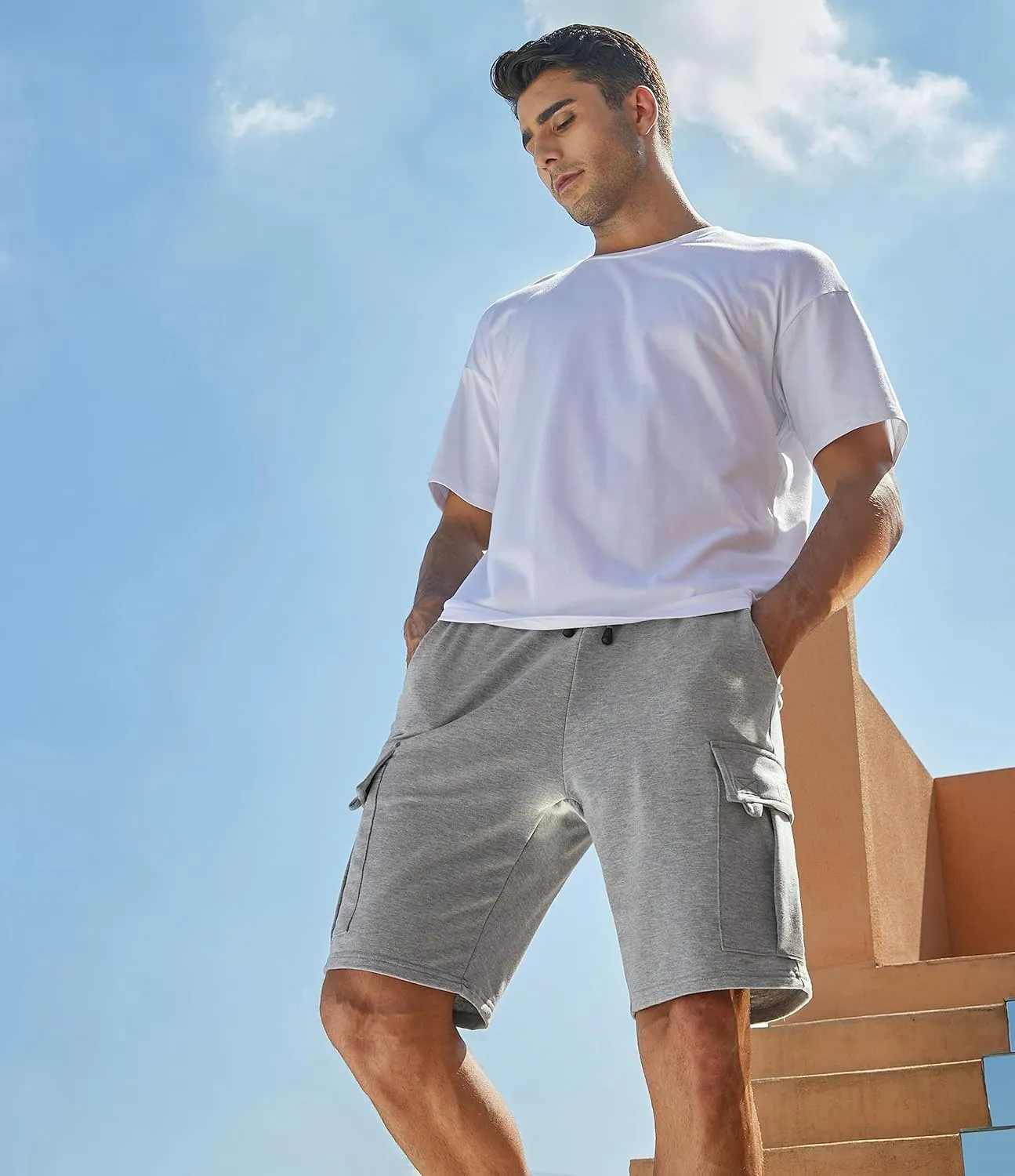 JMIERR Mens Cargo Sweat Shorts - Casual Drawstring Elastic Waist Cotton Athletic Workout Gym Jogger Shorts with 5 Pockets