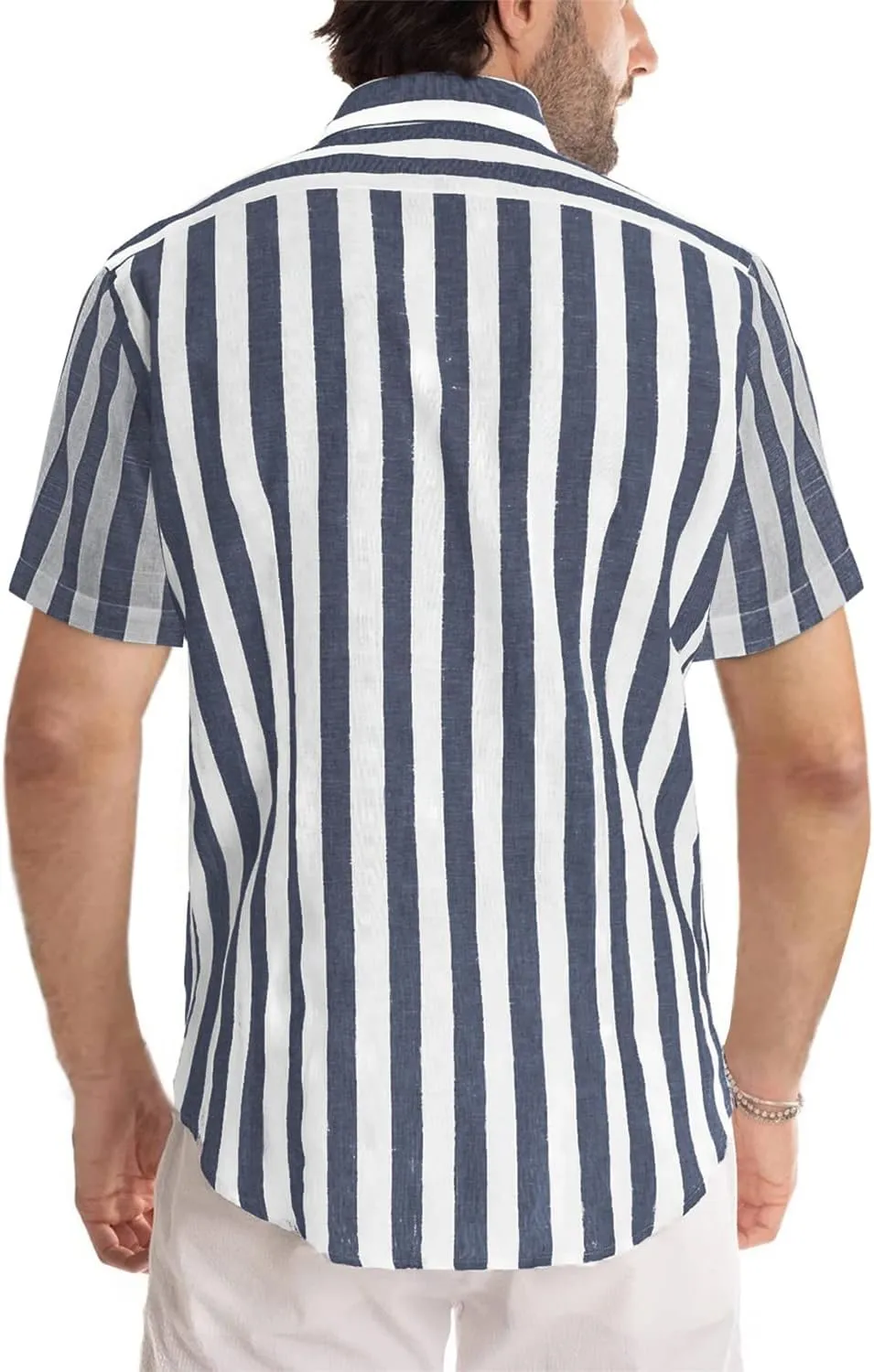 JMIERR Men's Casual Stylish Short Sleeve Button-Up Striped Dress Shirts Cotton Beach Shirt